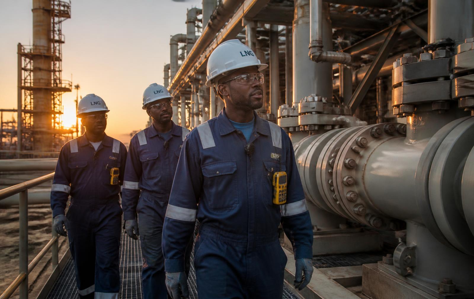Engineering team walking through an LNG plant